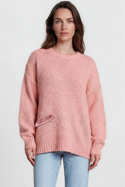 Caesar Jumper - Crew Neck Long Knit with Pocket and Ribbed Hemlines in Pink