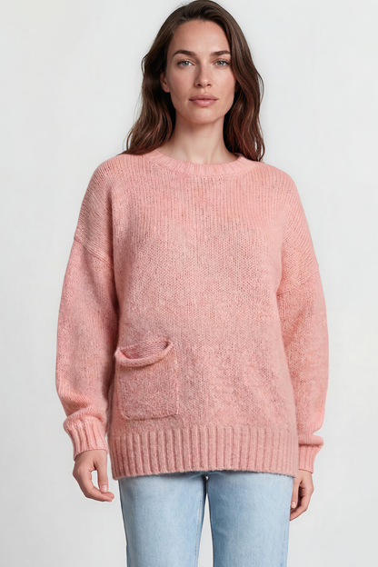 Caesar Jumper - Crew Neck Long Knit with Pocket and Ribbed Hemlines in Pink