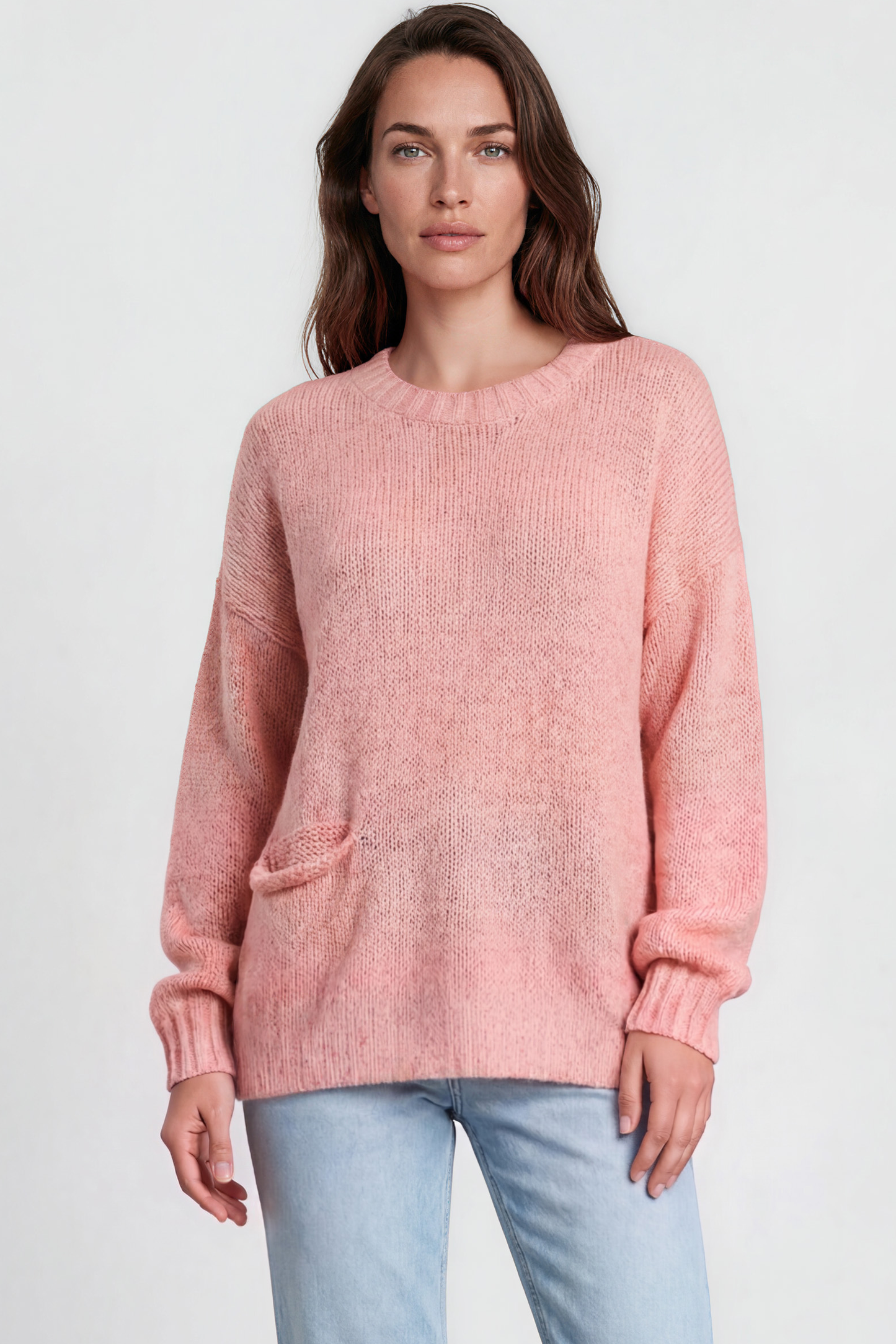Caesar Jumper - Crew Neck Long Knit with Pocket and Ribbed Hemlines in Pink