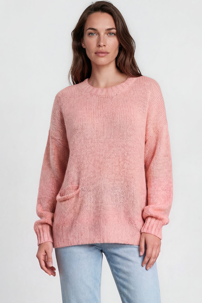 Caesar Jumper - Crew Neck Long Knit with Pocket and Ribbed Hemlines in Pink