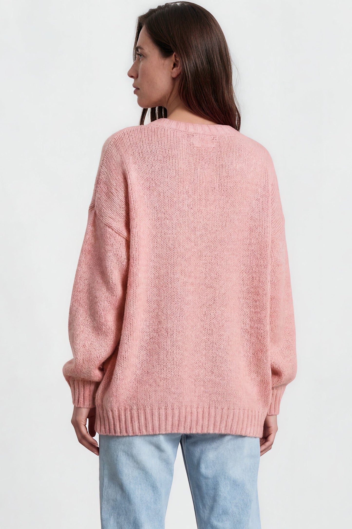 Caesar Jumper - Crew Neck Long Knit with Pocket and Ribbed Hemlines in Pink