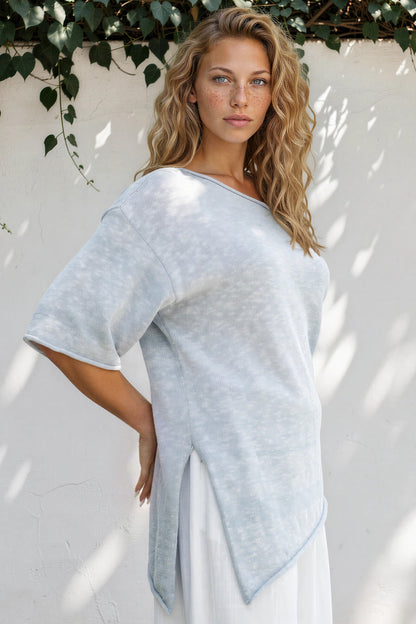 Callie Knit Top - Slouchy Asymmetrical Neckline Top in Blue