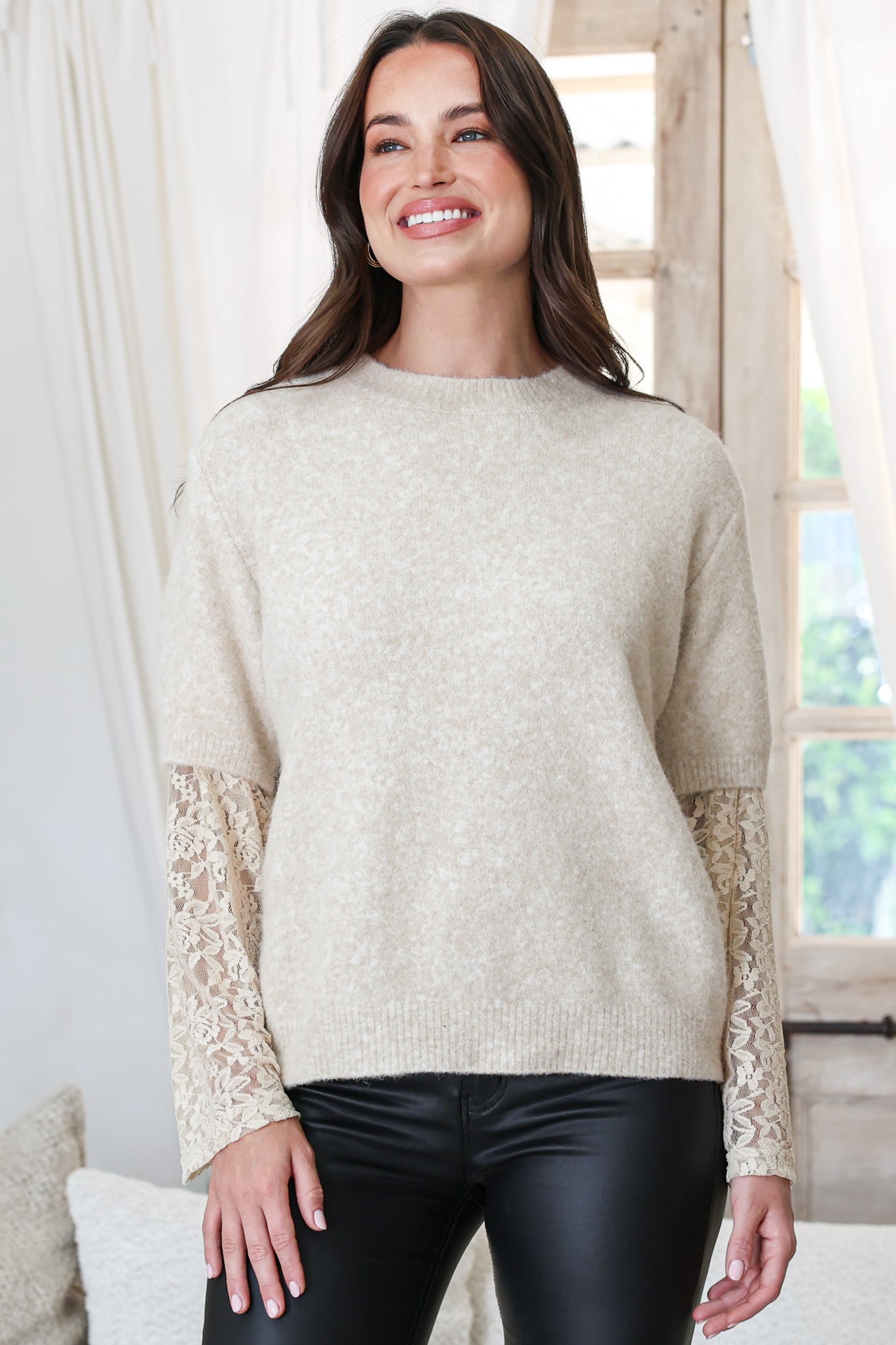 Calloway Knit Top - Crew Neck Knit with Lace Sleeve Inserts in Cream