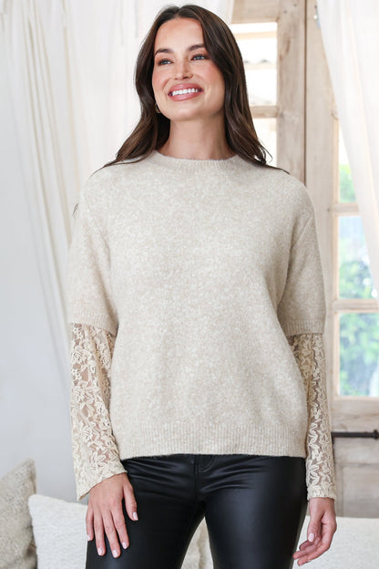 Calloway Knit Top - Crew Neck Knit with Lace Sleeve Inserts in Cream