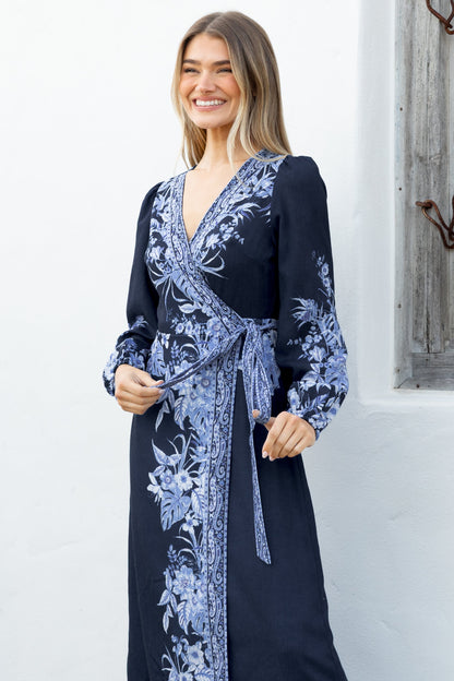 Carindi Midi Dress - V Neck Wrap Dress with Long Balloon Sleeves in Breakwater Print