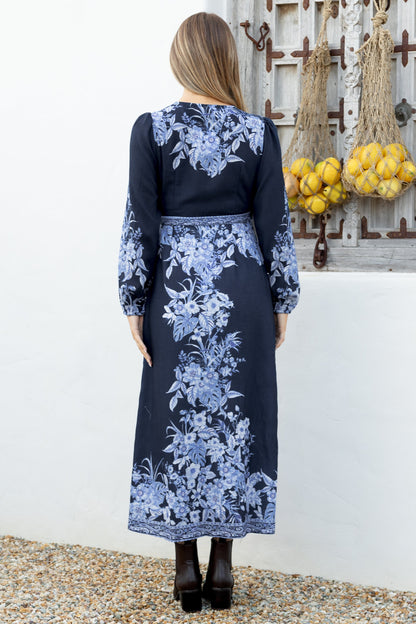Carindi Midi Dress - V Neck Wrap Dress with Long Balloon Sleeves in Breakwater Print