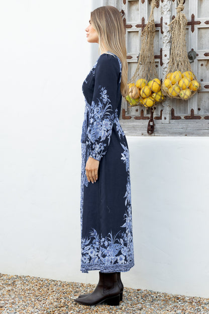 Carindi Midi Dress - V Neck Wrap Dress with Long Balloon Sleeves in Breakwater Print