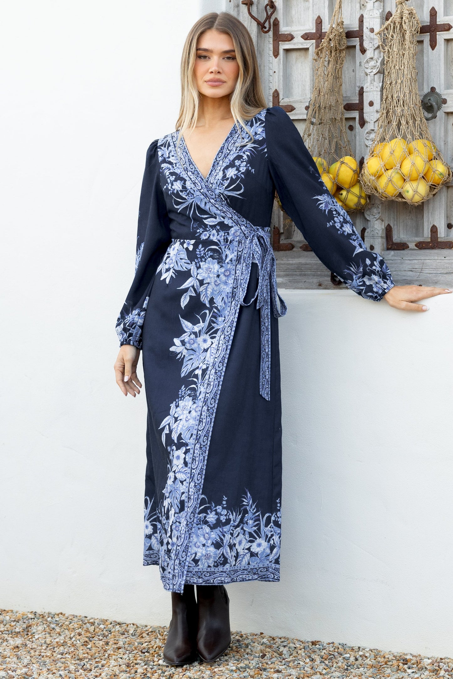 Carindi Midi Dress - V Neck Wrap Dress with Long Balloon Sleeves in Breakwater Print