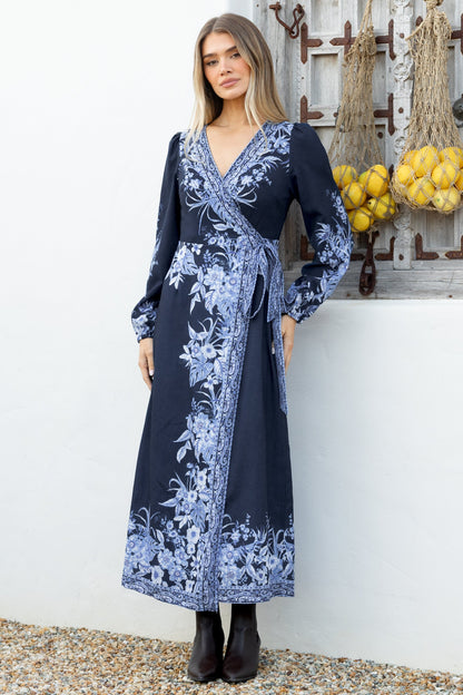 Carindi Midi Dress - V Neck Wrap Dress with Long Balloon Sleeves in Breakwater Print