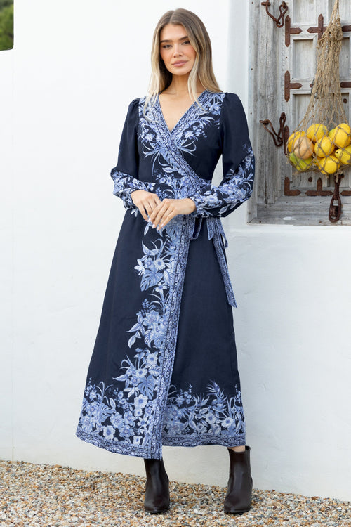 Carindi Midi Dress - V Neck Wrap Dress with Long Balloon Sleeves in Breakwater Print