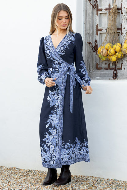 Carindi Midi Dress - V Neck Wrap Dress with Long Balloon Sleeves in Breakwater Print