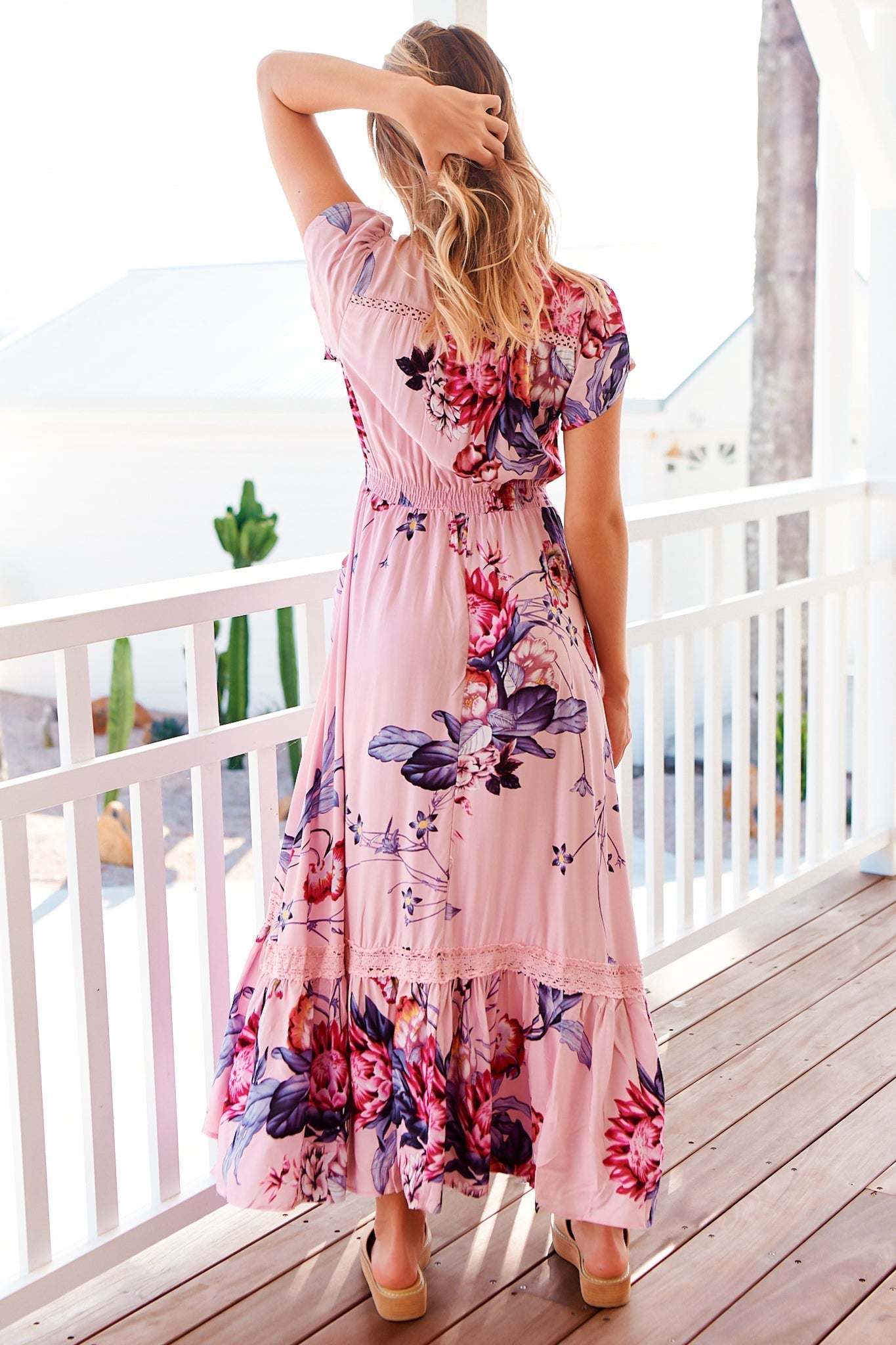 JAASE - Carmen Maxi Dress: Butterfly Cap Sleeve Button Down A Line Dress with Lace Trim in Dahlia Print