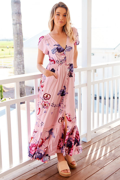 JAASE - Carmen Maxi Dress: Butterfly Cap Sleeve Button Down A Line Dress with Lace Trim in Dahlia Print