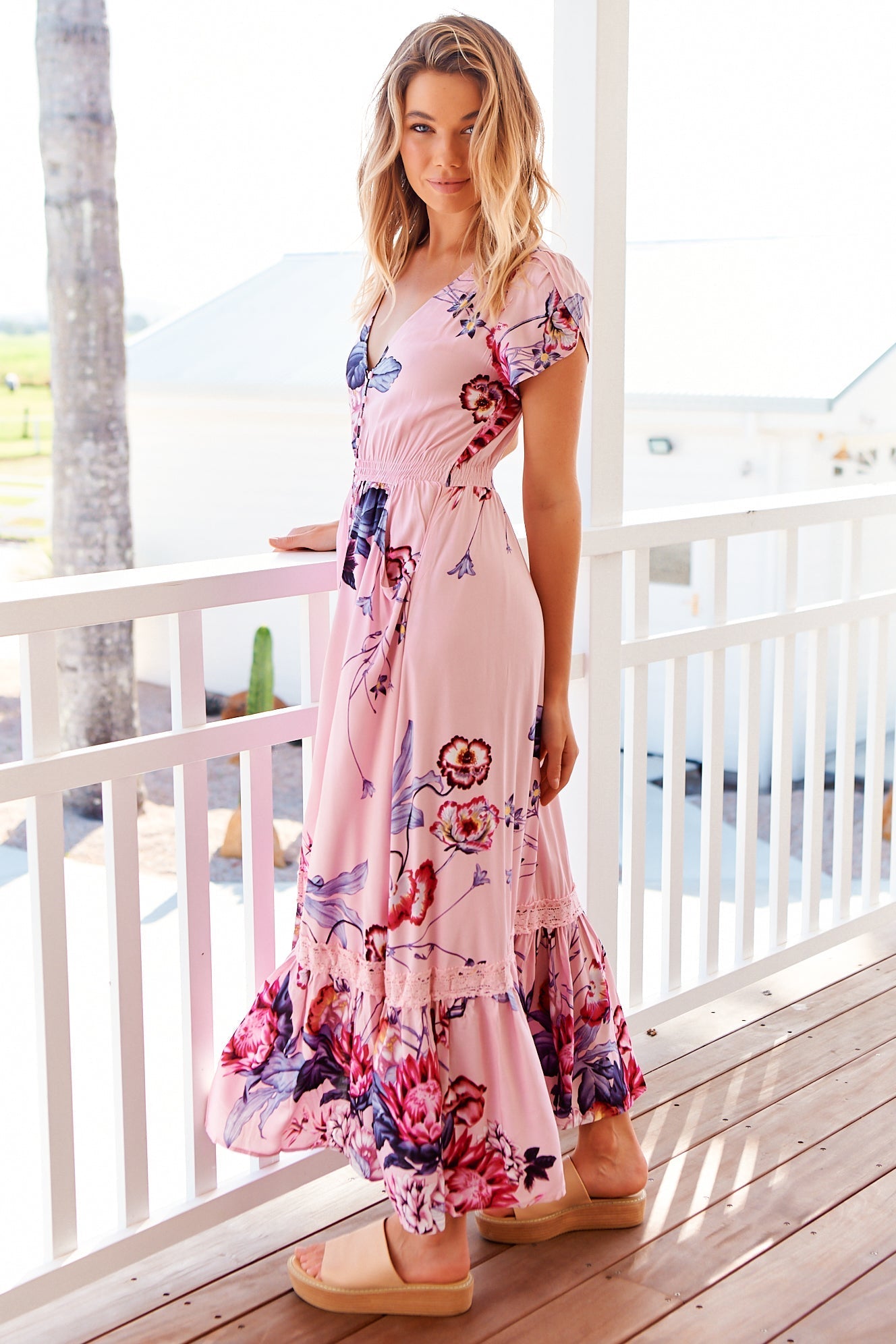 JAASE - Carmen Maxi Dress: Butterfly Cap Sleeve Button Down A Line Dress with Lace Trim in Dahlia Print