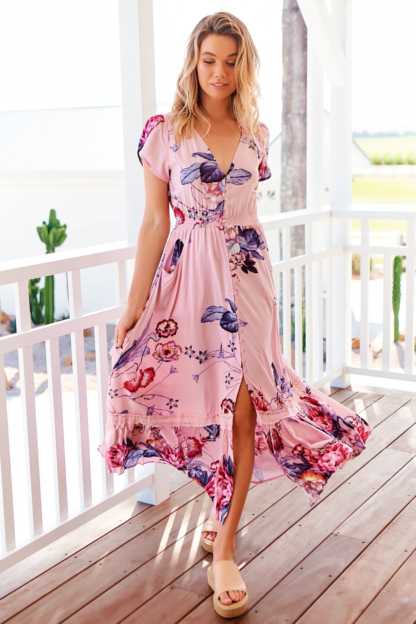 JAASE - Carmen Maxi Dress: Butterfly Cap Sleeve Button Down A Line Dress with Lace Trim in Dahlia Print