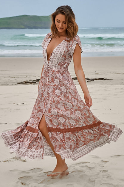 JAASE - Carmen Maxi Dress: Butterfly Cap Sleeve Button Down A Line Dress with Lace Trim in Indah Print