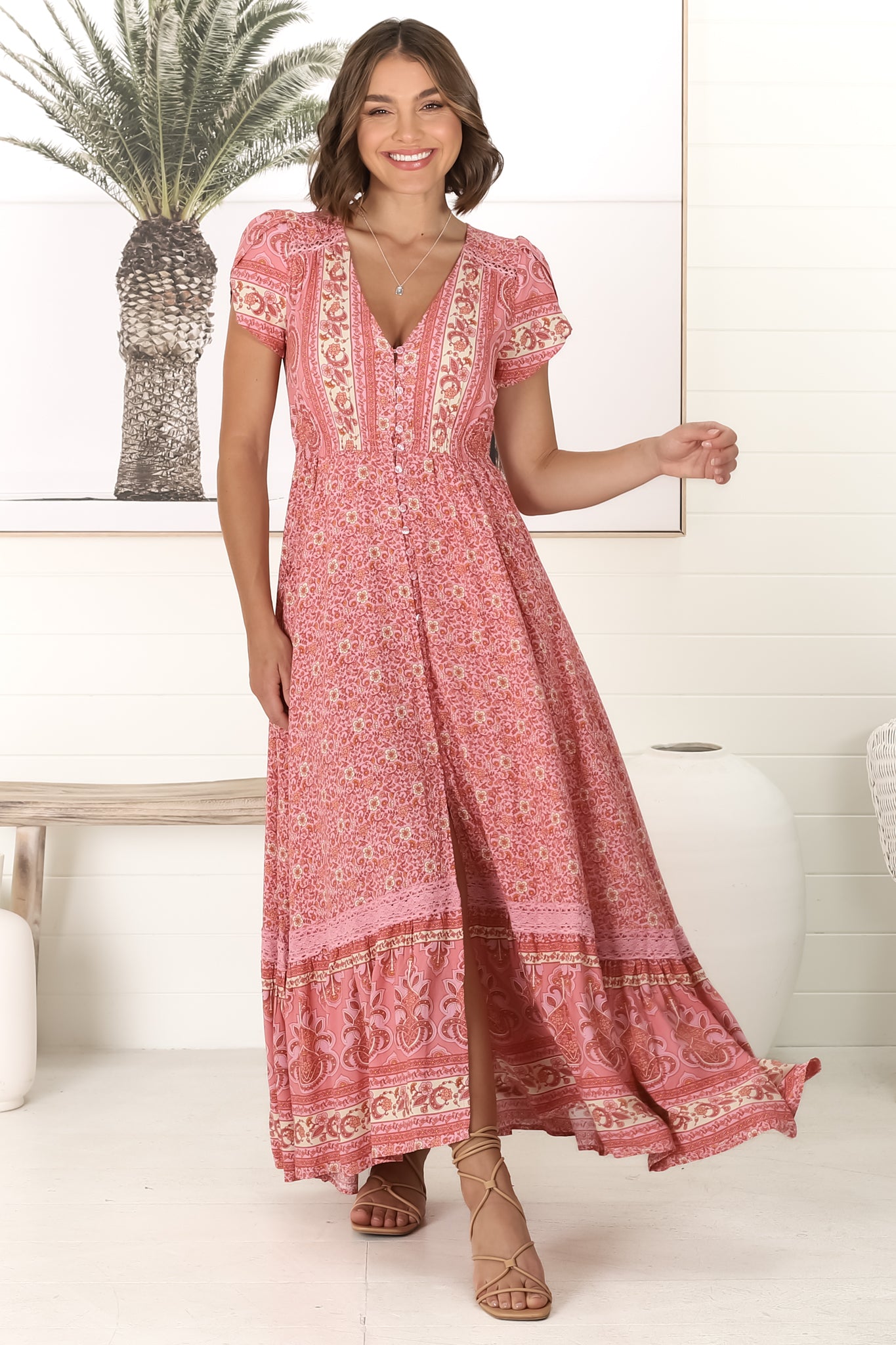 JAASE - Carmen Maxi Dress: Butterfly Cap Sleeve Button Down A Line Dress with Lace Trim in Strawberries and Cream Print
