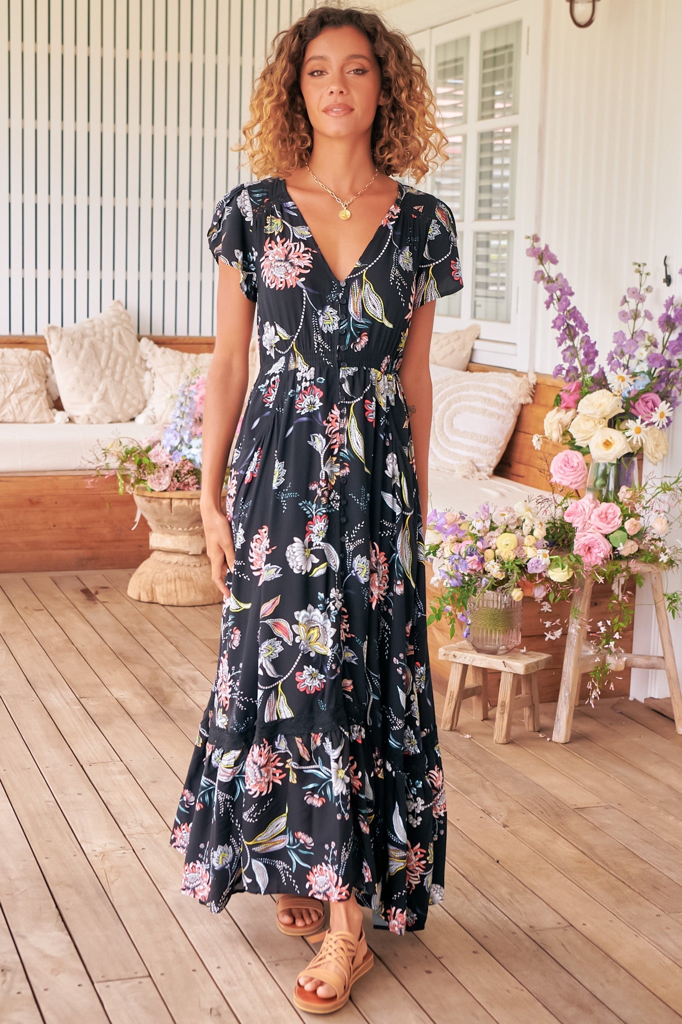 JAASE - Carmen Maxi Dress: Butterfly Cap Sleeve Button Down A Line Dress with Lace Trim in Under the Stars Print