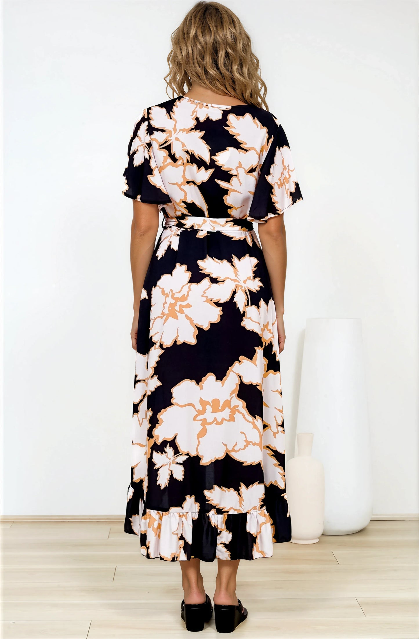 Carolina Midi Dress - V Neck Wrap Dress with Ruffle High Low Hemline in Illaria Print