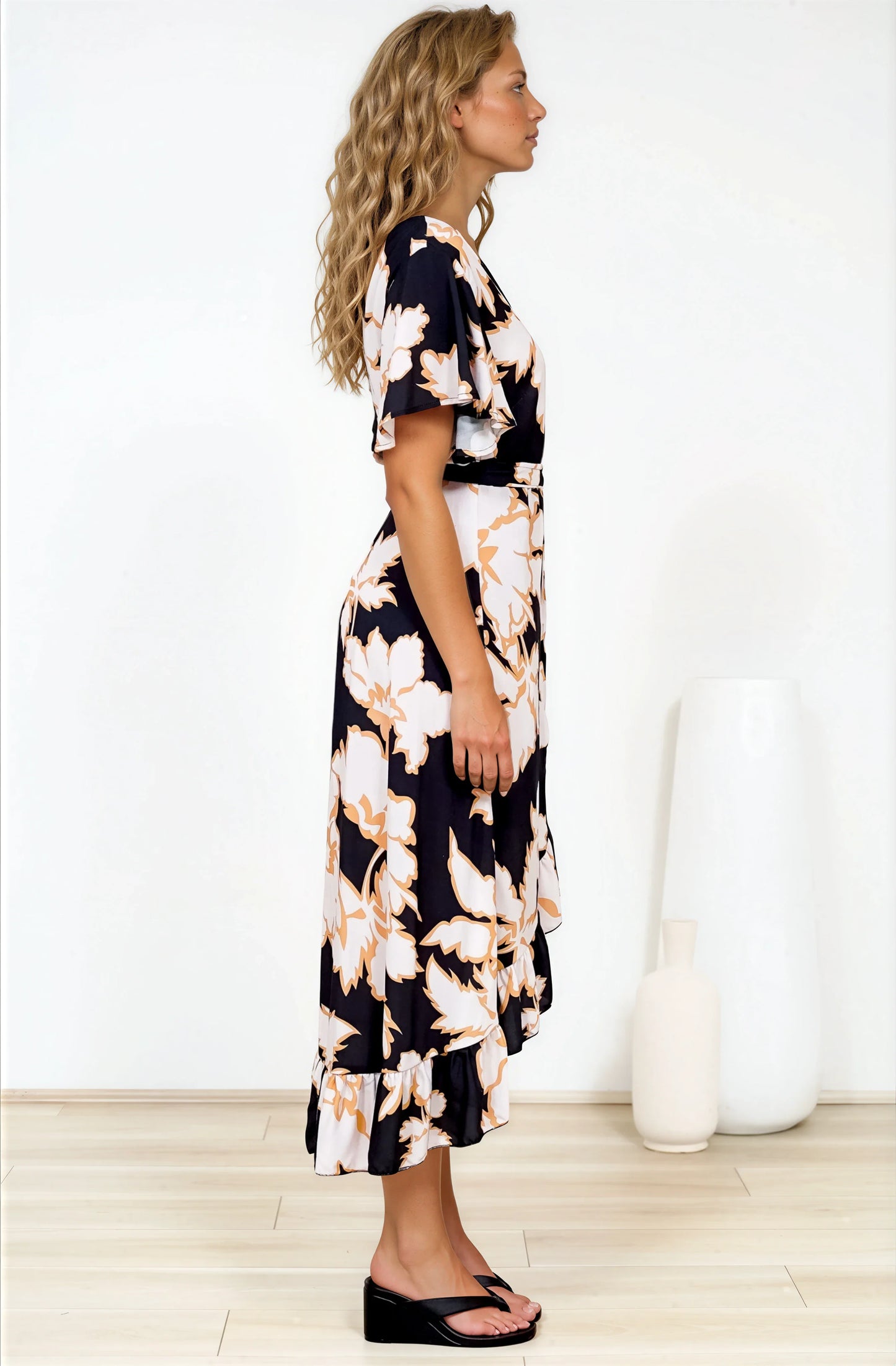 Carolina Midi Dress - V Neck Wrap Dress with Ruffle High Low Hemline in Illaria Print