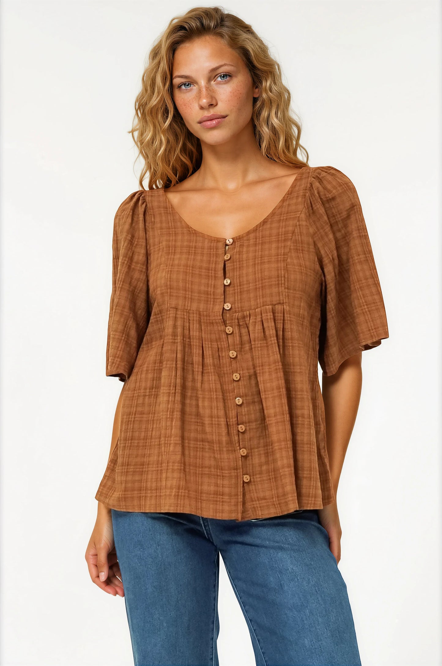 Casita Top - Scoop Neck Textured Babydoll Top with Flutter Sleeves in Tan