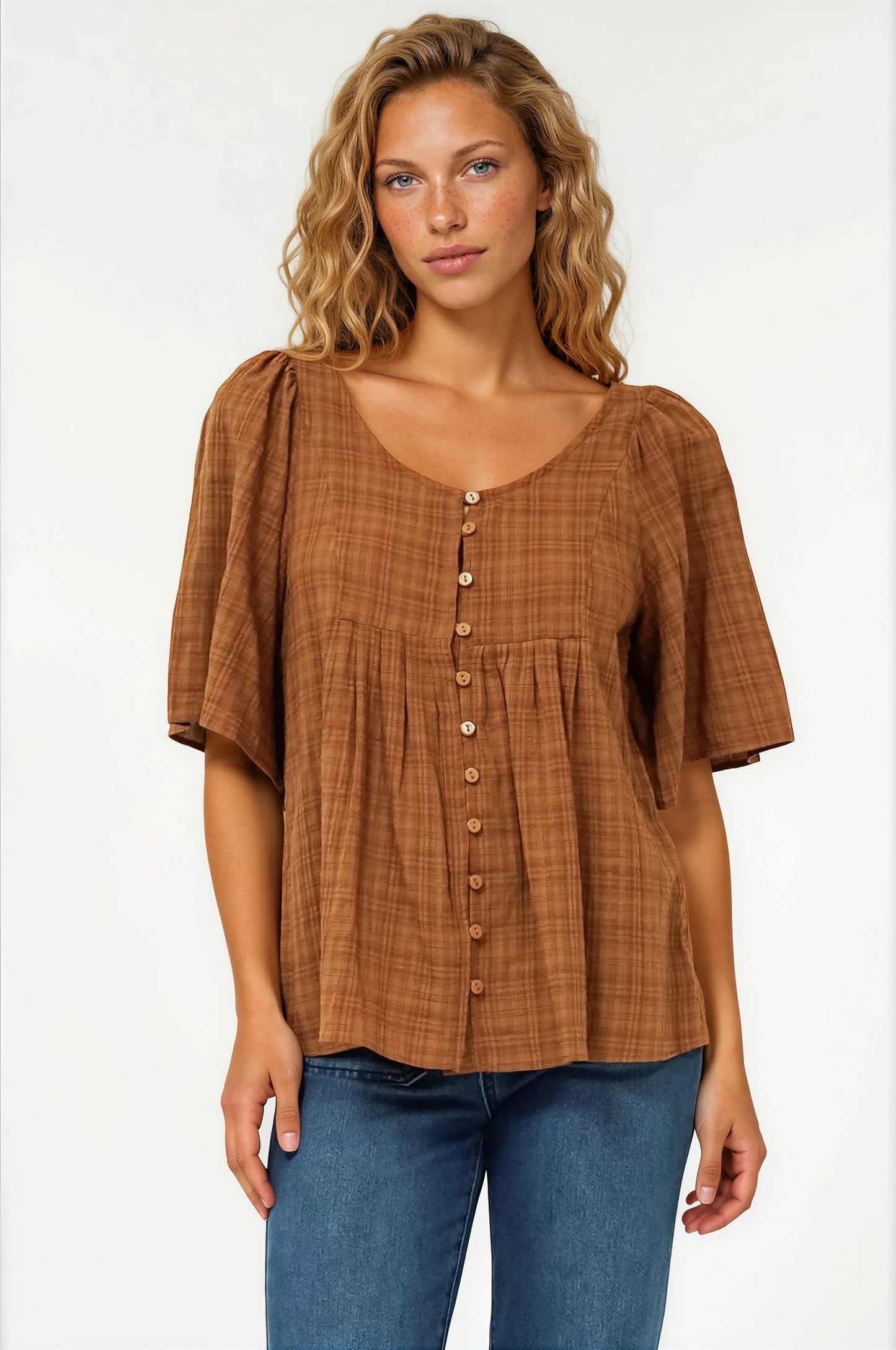 Casita Top - Scoop Neck Textured Babydoll Top with Flutter Sleeves in Tan
