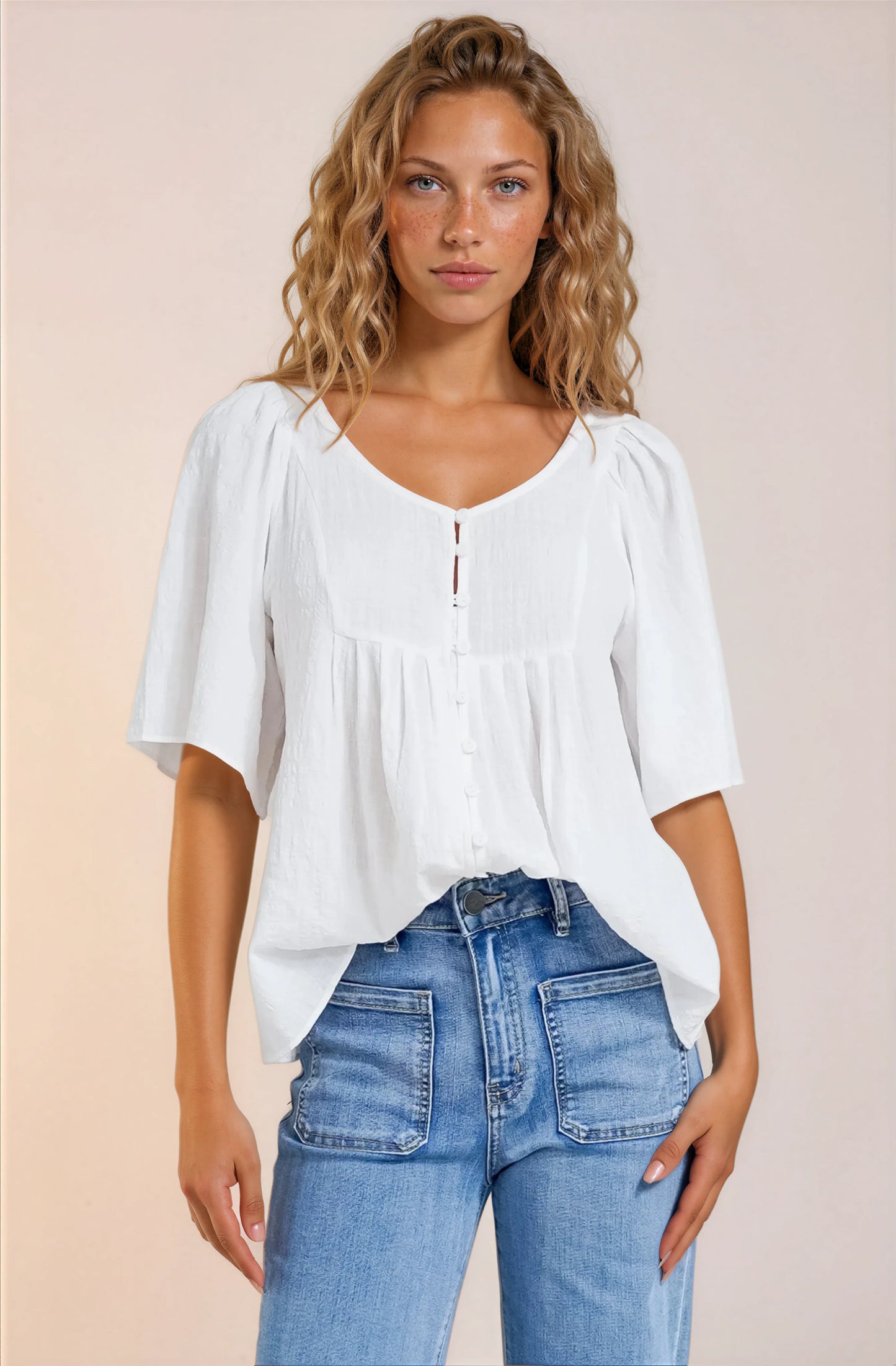 Casita Top - Scoop Neck Textured Babydoll Top with Flutter Sleeves in White