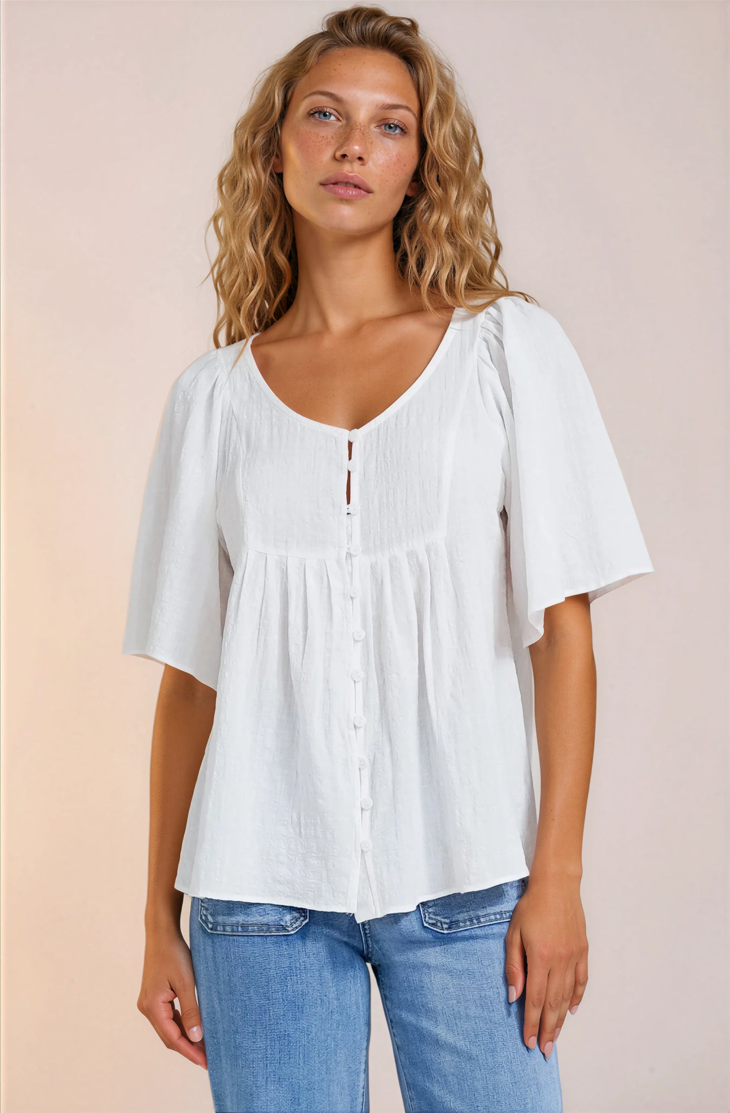 Casita Top - Scoop Neck Textured Babydoll Top with Flutter Sleeves in White