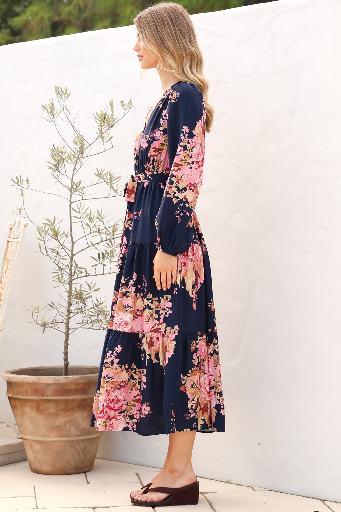 Cassandra Midi Dress - Tiered Long Sleeve Dress with Waist Tie in Vela Print Navy