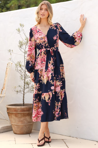 Cassandra Midi Dress - Tiered Long Sleeve Dress with Waist Tie in Vela Print Navy