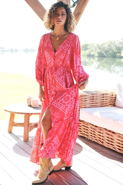 JAASE - Catalonia Maxi Dress: Batwing Sleeve Button Down Smock Dress in Amore Print