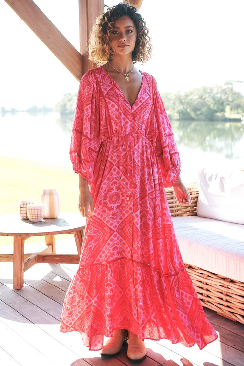 JAASE - Catalonia Maxi Dress: Batwing Sleeve Button Down Smock Dress in Amore Print