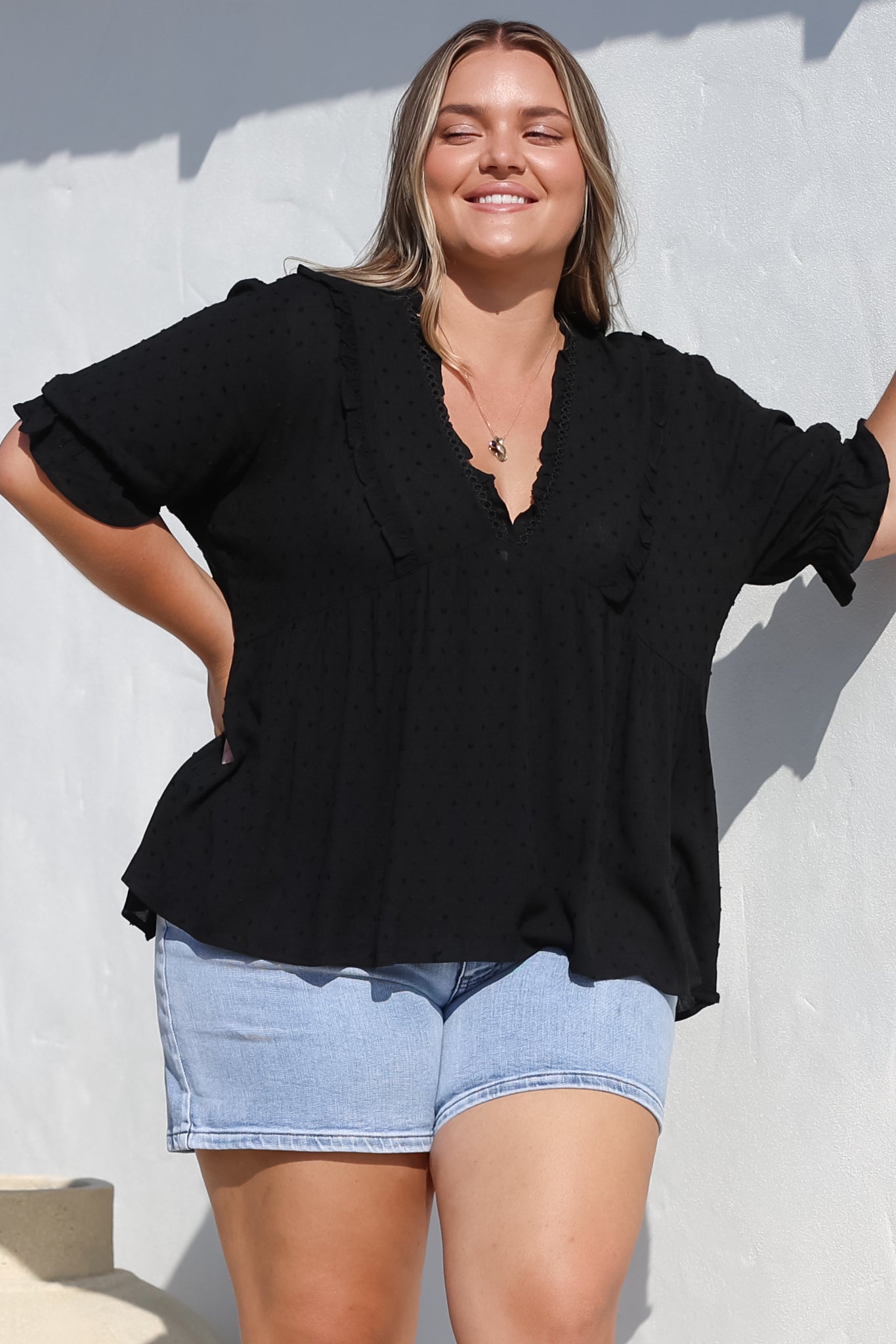 Catha Top - Frill Neckline Empire Bustline Top with Short Balloon Sleeves in Black