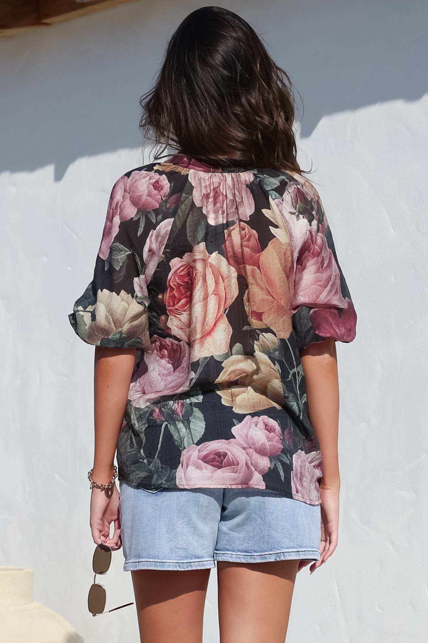 Cecilia Blouse - Mandarin Collar Button-Down with Half Balloon Sleeves in Annalisa Print