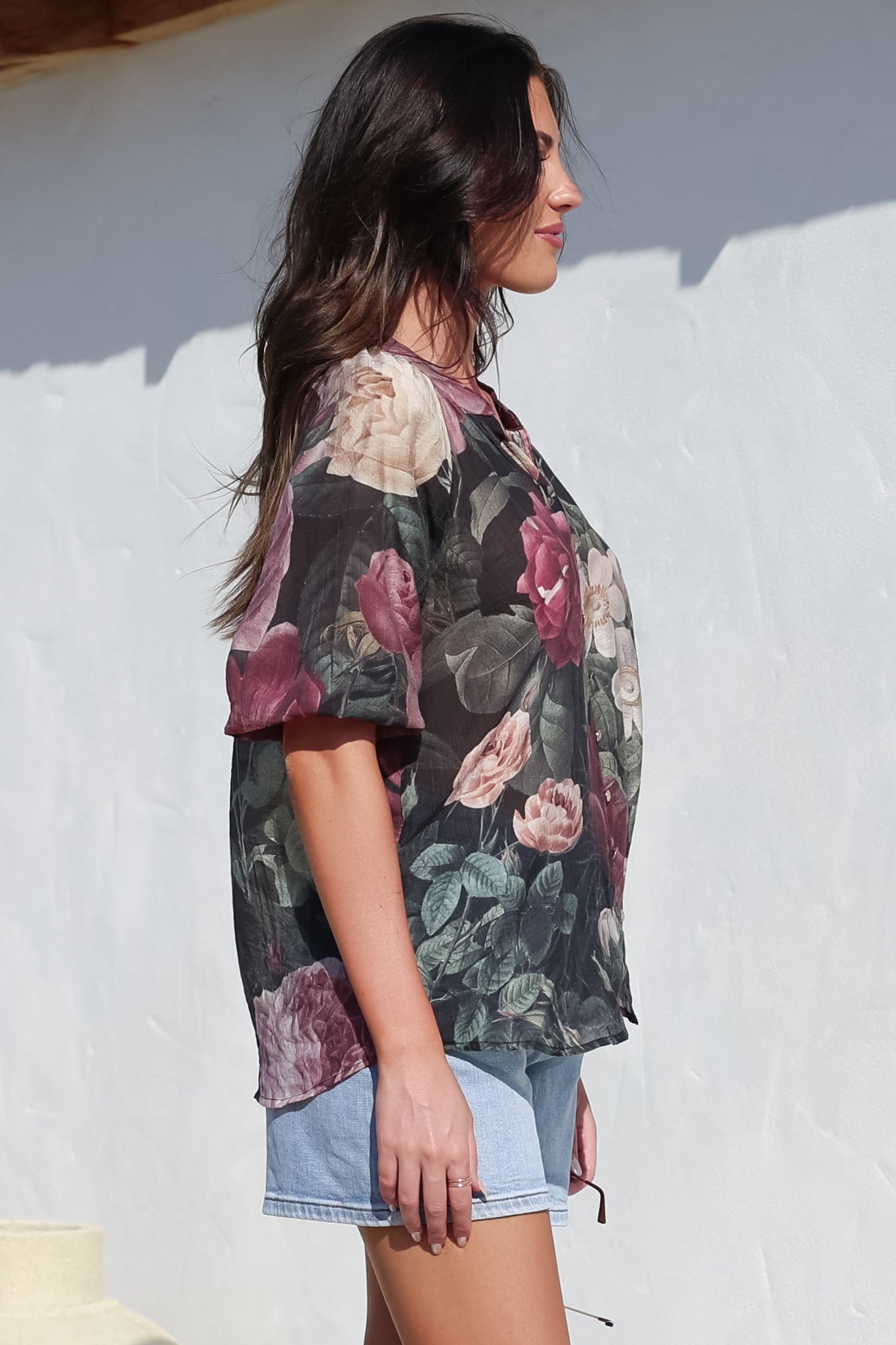Cecilia Blouse - Mandarin Collar Button-Down with Half Balloon Sleeves in Annalisa Print