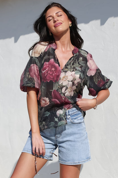 Cecilia Blouse - Mandarin Collar Button-Down with Half Balloon Sleeves in Annalisa Print
