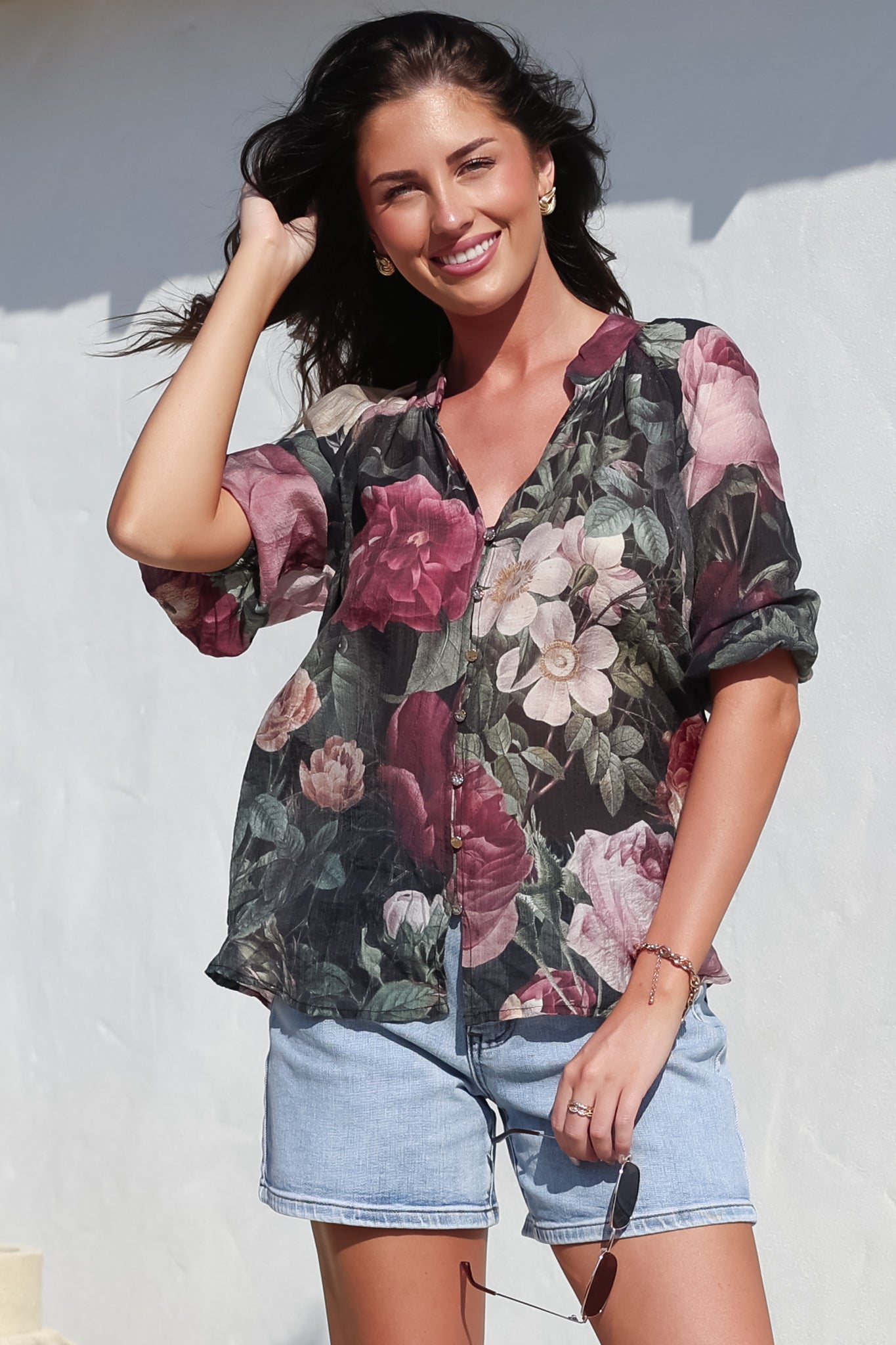 Cecilia Blouse - Mandarin Collar Button-Down with Half Balloon Sleeves in Annalisa Print