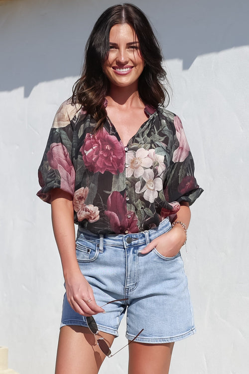 Cecilia Blouse - Mandarin Collar Button-Down with Half Balloon Sleeves in Annalisa Print
