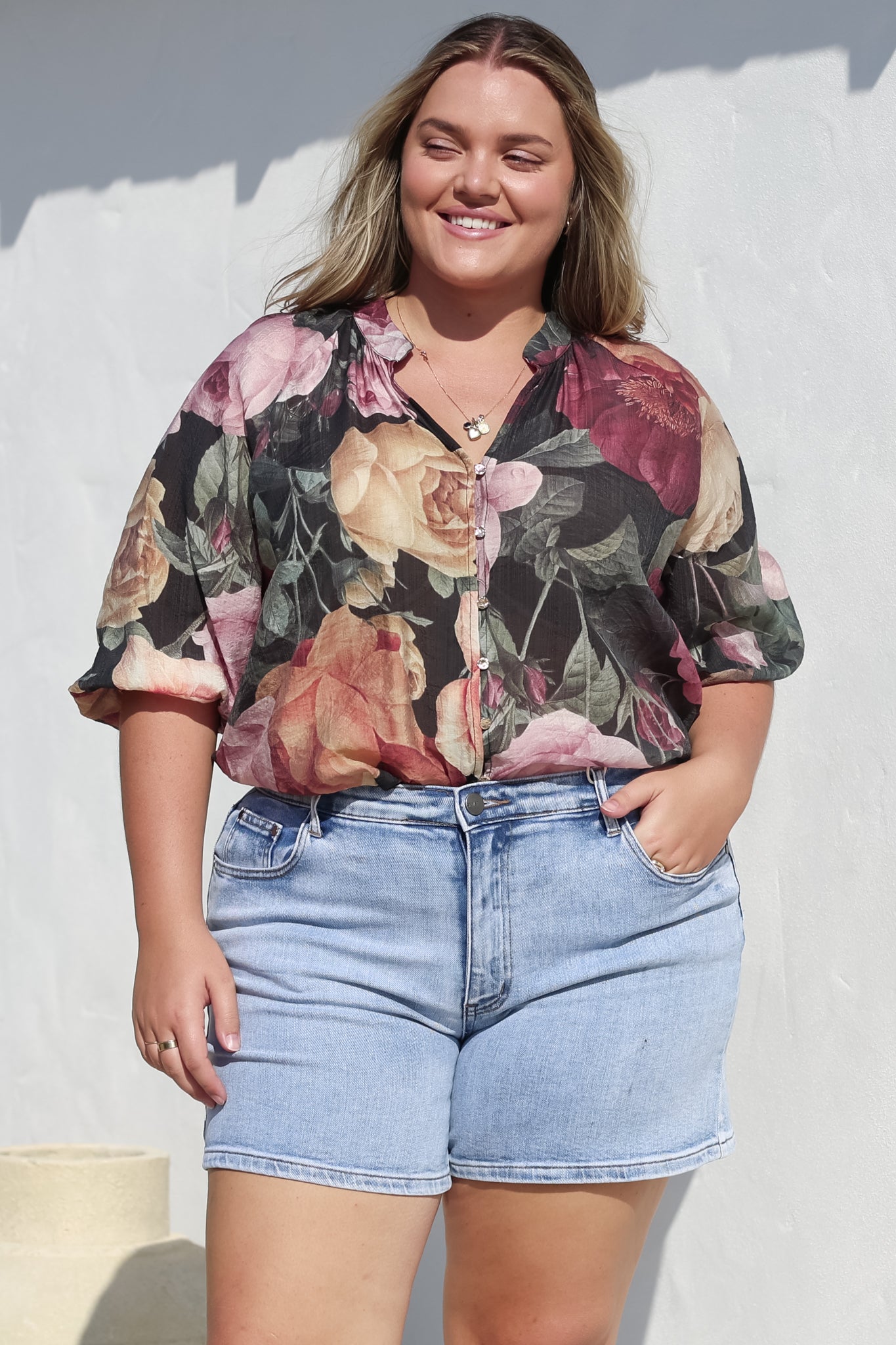 Cecilia Blouse - Mandarin Collar Button-Down with Half Balloon Sleeves in Annalisa Print