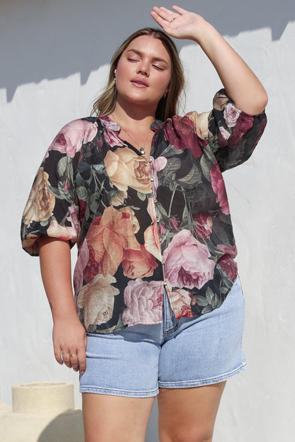Cecilia Blouse - Mandarin Collar Button-Down with Half Balloon Sleeves in Annalisa Print