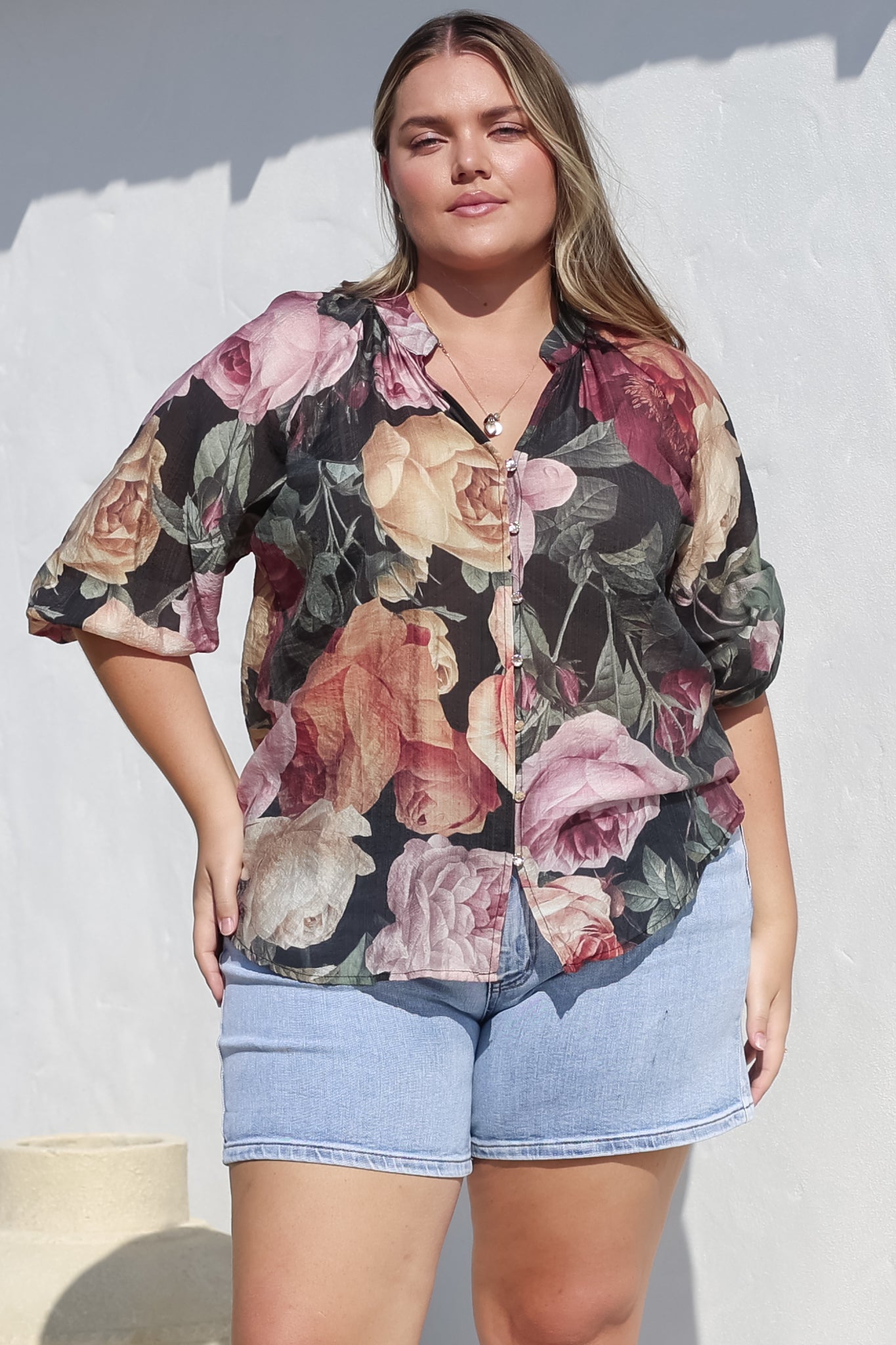 Cecilia Blouse - Mandarin Collar Button-Down with Half Balloon Sleeves in Annalisa Print