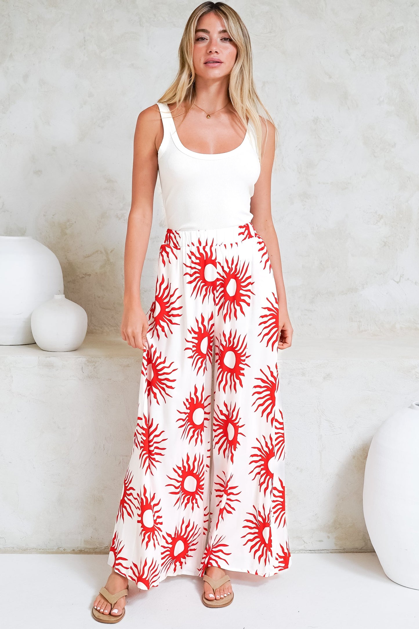 Channing Pants - High Waisted Wide-Leg Pants with Pockets in Solar Print Red