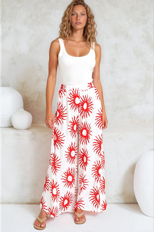 Channing Pants - High Waisted Wide-Leg Pants with Pockets in Solar Print Red