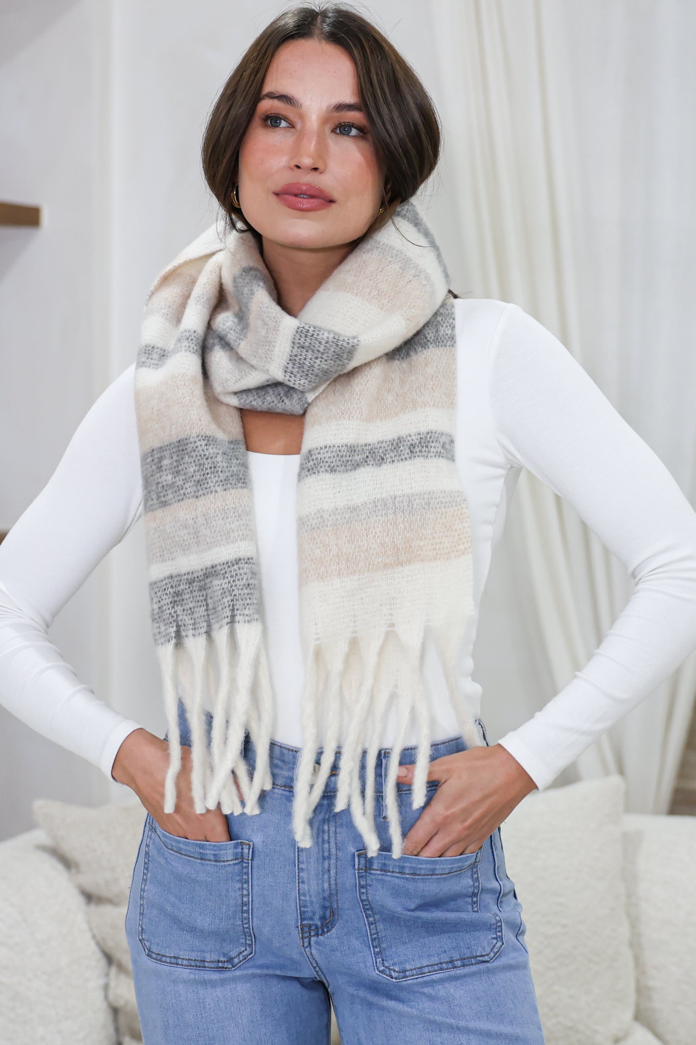 Chaplin Scarf - Soft Cozy Wrap Scarf Check Print in Beige