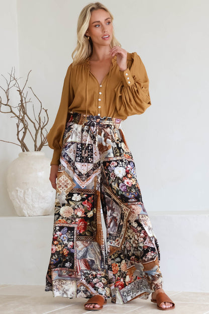 Charli Pants -  Paper Bag High Waisted Wide Leg Pants in Elaine Print
