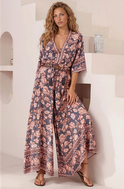 Charli Pants -  Paper Bag High Waisted Wide Leg Pants in Leandra Print