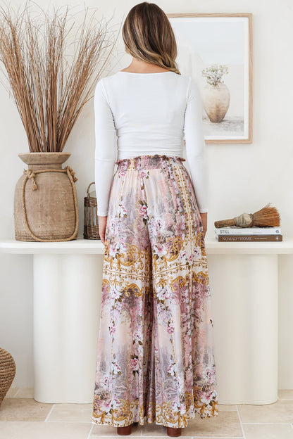 Charli Pants - Paper Bag High Waisted Wide Leg Pants in Baroque Print