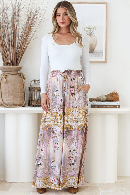Charli Pants - Paper Bag High Waisted Wide Leg Pants in Baroque Print