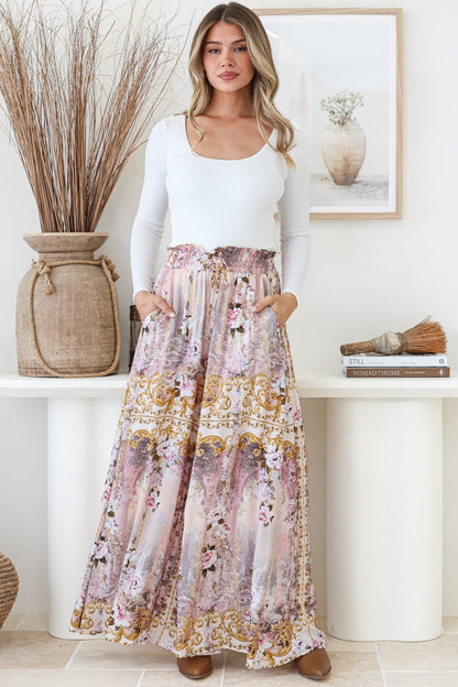 Charli Pants - Paper Bag High Waisted Wide Leg Pants in Baroque Print