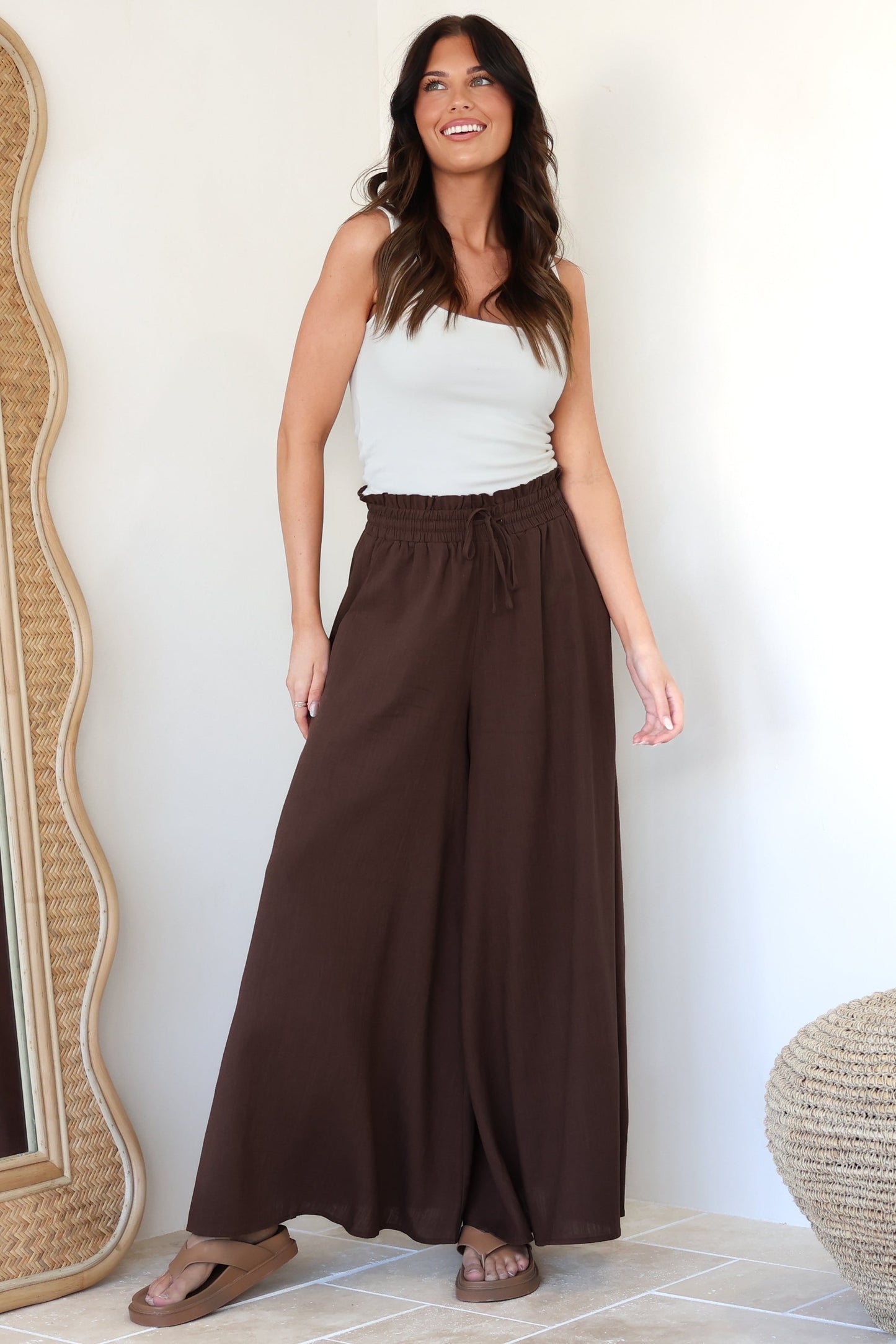 Charli Pants - Paper Bag High Waisted Wide Leg Pants in Brown